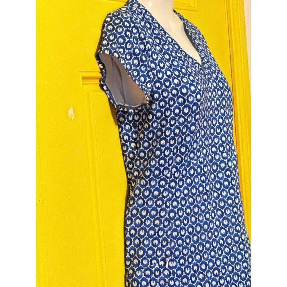 L. L. Bean Blue Geometric Shift Dress Hamptons Coastal Cotton Blend Size Small
